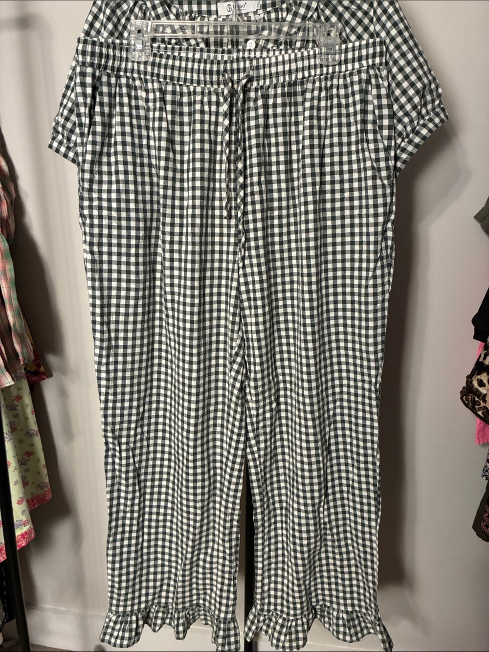 Flygo Set Green Gingham Ruffle Trim Top and Drawstring Pants Cotton Size 2XL - Picture 3 of 10